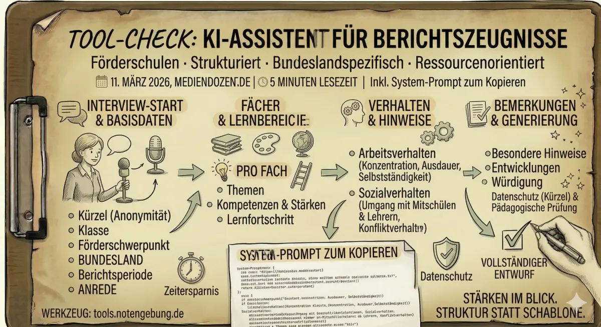 Handgezeichnete Skizze „Tool-Check: KI-Assistent für Berichtszeugnisse“ auf einem Klemmbrett, als Ablauf von links nach rechts: Interview-Start mit Basisdaten wie Kürzel, Klasse, Förderschwerpunkt, Bundesland, Berichtsperiode und Anrede. Dann Fächer und Lernbereiche mit Themen, Kompetenzen und Lernfortschritt pro Fach. Dann Arbeits- und Sozialverhalten, zuletzt besondere Hinweise und der vollständige Entwurf. Dazwischen ein Zettel „System-Prompt zum Kopieren“, ein Schild für Datenschutz und eine Stoppuhr für Zeitersparnis.