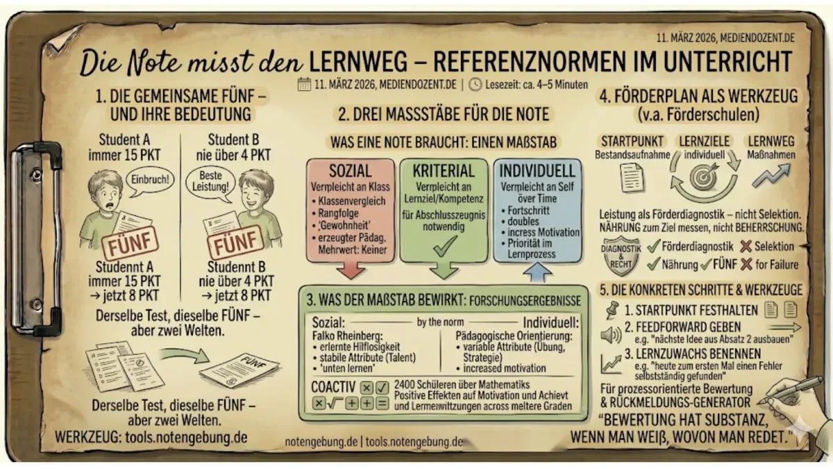 Handgezeichnete Skizze „Die Note misst den Lernweg – Referenznormen im Unterricht“ auf einem Klemmbrett: zwei Schüler bekommen für denselben Test eine Fünf, obwohl einer eingebrochen und der andere besser geworden ist, dazu die drei Maßstäbe sozial, kriterial und individuell sowie der Förderplan als Werkzeug.
