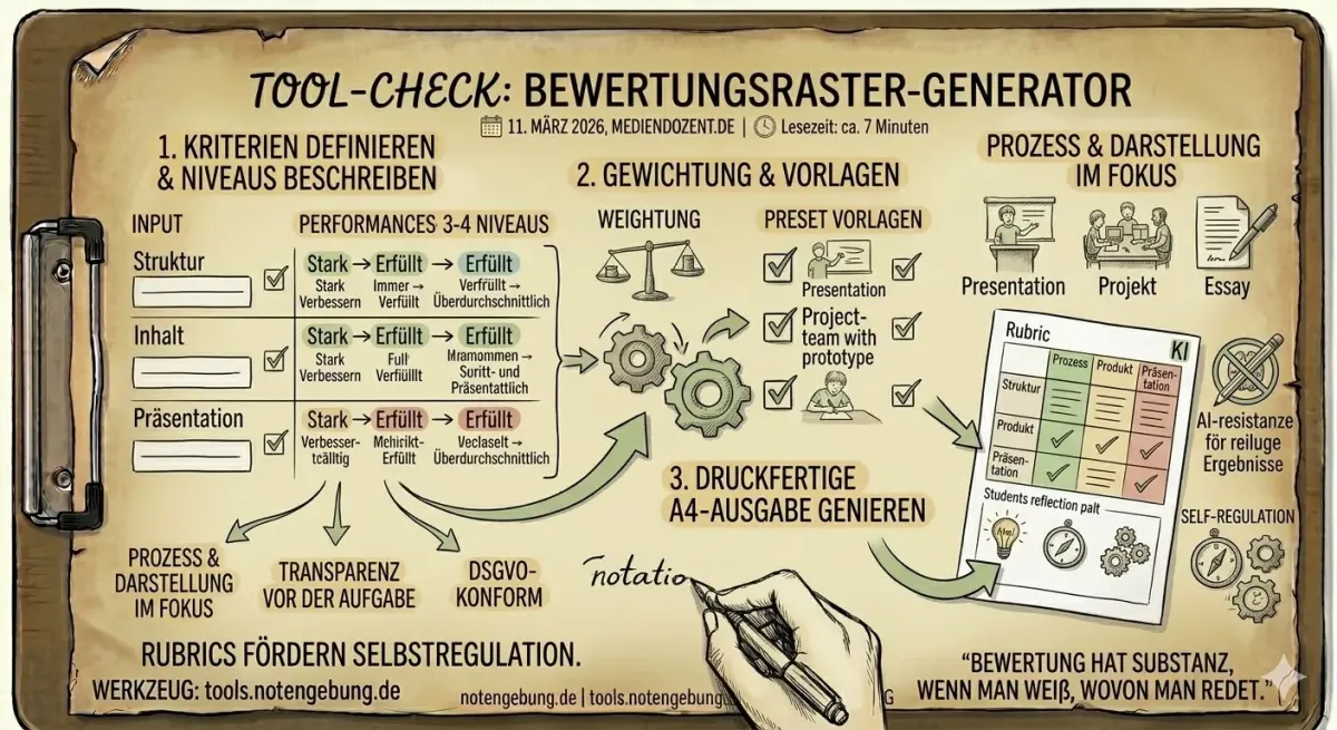 Handgezeichnete Skizze „Tool-Check: Bewertungsraster-Generator“ auf einem Klemmbrett: Kriterien und Niveaus definieren, Gewichtung und Vorlagen wählen, dazu eine druckfertige A4-Ausgabe mit ausgefülltem Bewertungsraster.