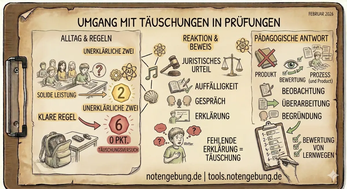 Handgezeichnete Skizze „Umgang mit Täuschungen in Prüfungen, Februar 2026“ auf einem Klemmbrett: Links ein Schüler mit solider Leistung, der plötzlich eine unerklärliche Zwei schreibt, darunter ein Rucksack mit Handy und die klare Regel: Täuschungsversuch gleich 6 und 0 Punkte. In der Mitte Gerichtshammer und Waage, dann Auffälligkeit, Gespräch und Erklärung; ein stotternder Junge steht für „fehlende Erklärung gleich Täuschung“. Rechts die pädagogische Antwort: Prozess statt Produkt bewerten, mit Beobachtung, Überarbeitung und Begründung.