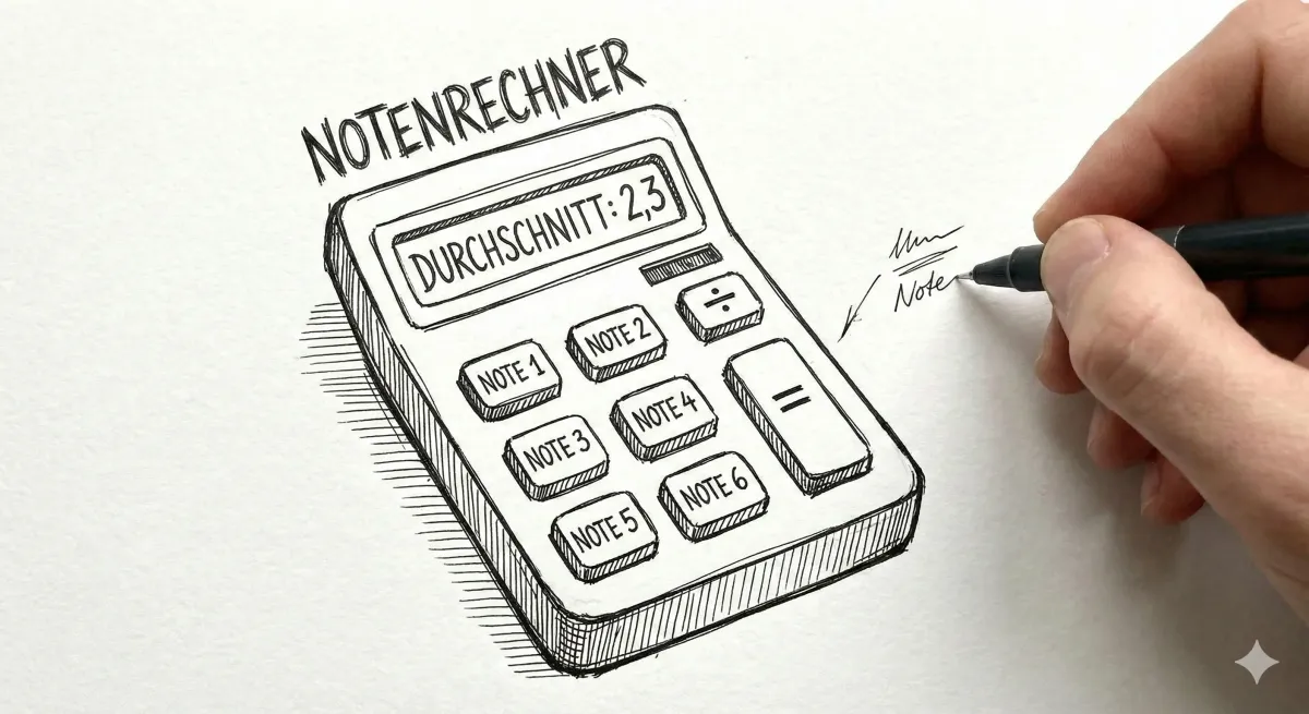 Handgezeichnete Skizze: ein Taschenrechner mit der Aufschrift „Notenrechner“, Tasten „Note 1“ bis „Note 6“ und der Anzeige „Durchschnitt: 2,3“, daneben eine Hand mit Stift.