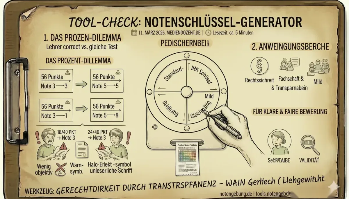 Handgezeichnete Skizze „Tool-Check: Notenschlüssel-Generator“ auf einem Klemmbrett: Dieselben 56 Punkte ergeben je nach Schlüssel eine Drei oder eine Fünf, daneben ein Drehregler mit den Voreinstellungen Standard, IHK, Mild und Gleichmäßig.