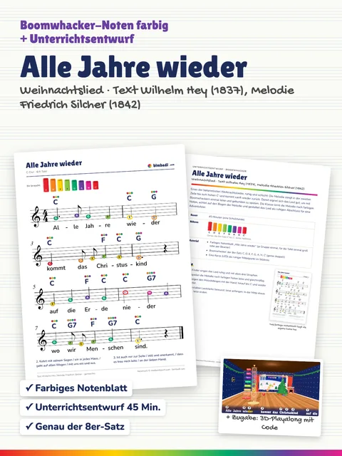 Deckblatt „Alle Jahre wieder“ von Robert Koegler: farbiges Boomwhacker-Notenblatt, Unterrichtsentwurf und ein Bild aus dem 3D-Playalong.