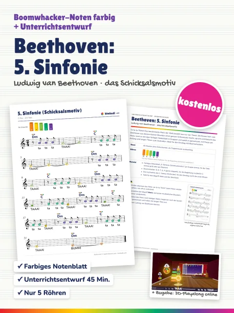 Deckblatt „Beethoven, 5. Sinfonie“ von Robert Koegler: farbiges Boomwhacker-Notenblatt und Unterrichtsentwurf als Karten, dazu der Sticker „kostenlos“.