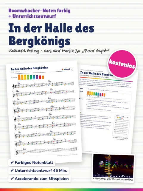Deckblatt „In der Halle des Bergkönigs“ von Robert Koegler: farbiges Boomwhacker-Notenblatt und Unterrichtsentwurf als Karten, dazu der Sticker „kostenlos“.