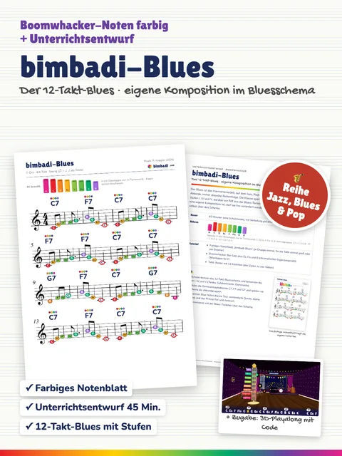 Deckblatt „12-Takt-Blues“ von Robert Koegler: farbiges Boomwhacker-Notenblatt, Unterrichtsentwurf und ein Bild aus dem 3D-Playalong.
