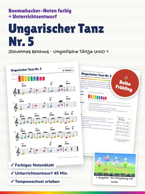 Deckblatt „Ungarischer Tanz Nr. 5“ von Robert Koegler: farbiges Boomwhacker-Notenblatt, Unterrichtsentwurf und ein Bild aus dem 3D-Playalong.