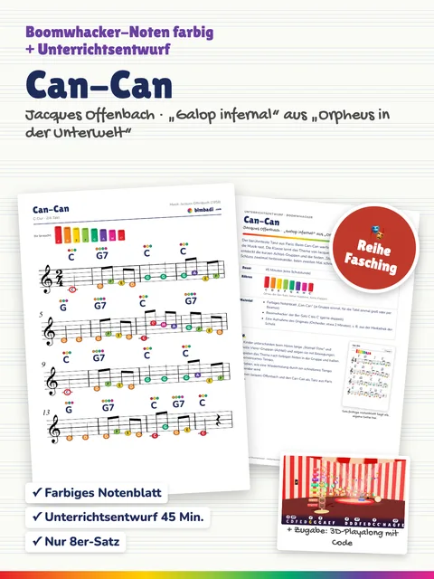 Deckblatt „Can-Can“ von Robert Koegler: farbiges Boomwhacker-Notenblatt, Unterrichtsentwurf und ein Bild aus dem 3D-Playalong.