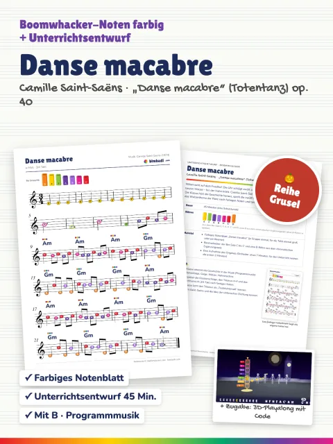 Deckblatt „Danse macabre“ von Robert Koegler: farbiges Boomwhacker-Notenblatt, Unterrichtsentwurf und ein Bild aus dem 3D-Playalong.