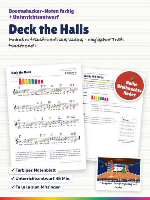 Deckblatt „Deck the Halls“ von Robert Koegler: farbiges Boomwhacker-Notenblatt, Unterrichtsentwurf und ein Bild aus dem 3D-Playalong.