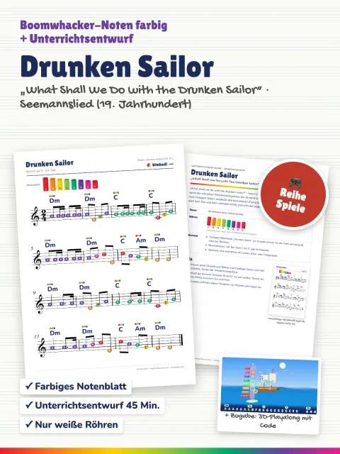 Deckblatt „Drunken Sailor“ von Robert Koegler: farbiges Boomwhacker-Notenblatt, Unterrichtsentwurf und ein Bild aus dem 3D-Playalong.