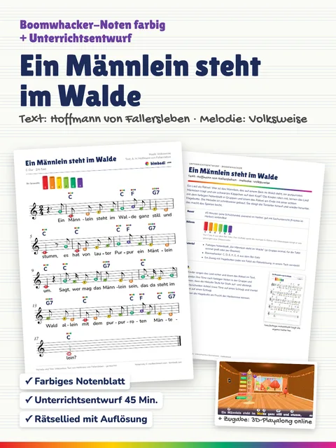 Deckblatt „Ein Männlein steht im Walde“ von Robert Koegler: farbiges Boomwhacker-Notenblatt, Unterrichtsentwurf und ein Bild aus dem 3D-Playalong.