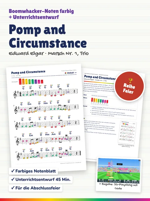 Deckblatt „Pomp and Circumstance“ von Robert Koegler: farbiges Boomwhacker-Notenblatt, Unterrichtsentwurf und ein Bild aus dem 3D-Playalong.