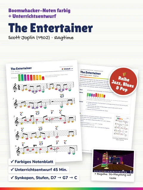 Deckblatt „The Entertainer“ von Robert Koegler: farbiges Boomwhacker-Notenblatt, Unterrichtsentwurf und ein Bild aus dem 3D-Playalong.