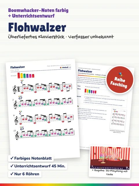 Deckblatt „Flohwalzer“ von Robert Koegler: farbiges Boomwhacker-Notenblatt, Unterrichtsentwurf und ein Bild aus dem 3D-Playalong.