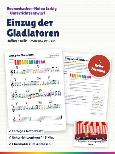Deckblatt „Einzug der Gladiatoren“ von Robert Koegler: farbiges Boomwhacker-Notenblatt, Unterrichtsentwurf und ein Bild aus dem 3D-Playalong.