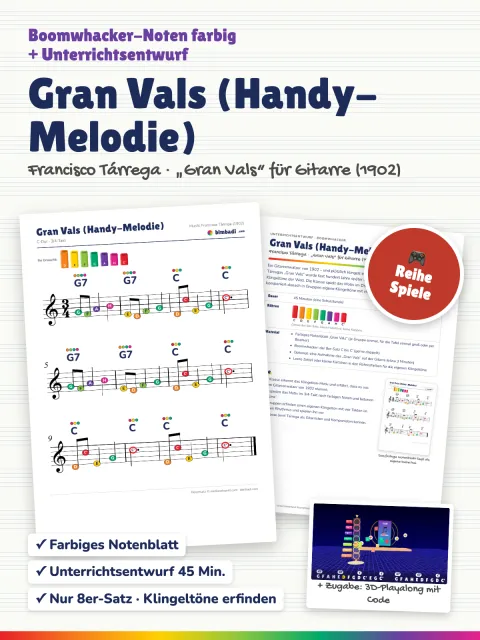 Deckblatt „Gran Vals“ von Robert Koegler: farbiges Boomwhacker-Notenblatt, Unterrichtsentwurf und ein Bild aus dem 3D-Playalong.