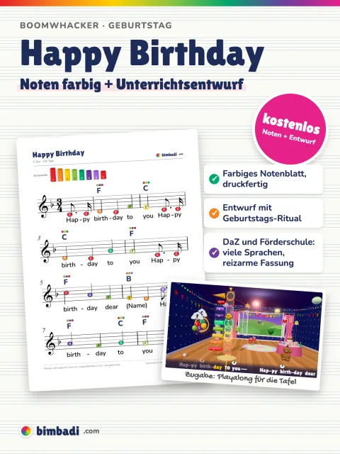 Deckblatt „Happy Birthday“ von Robert Koegler: farbiges Boomwhacker-Notenblatt und Unterrichtsentwurf als Karten, dazu der Sticker „kostenlos“.