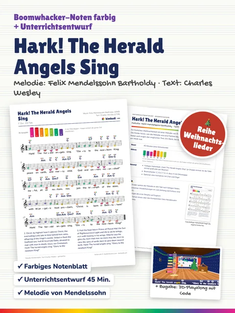 Deckblatt „Hark! The Herald Angels Sing“ von Robert Koegler: farbiges Boomwhacker-Notenblatt, Unterrichtsentwurf und ein Bild aus dem 3D-Playalong.