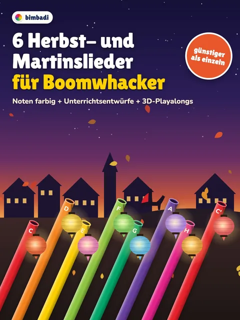 Deckblatt „6 Herbst- und Martinslieder für Boomwhacker“ von Robert Koegler: acht farbige Boomwhacker-Röhren als Laternenstäbe mit leuchtenden Laternen vor einer Stadt in der Abenddämmerung, dazu das Etikett „günstiger als einzeln“.