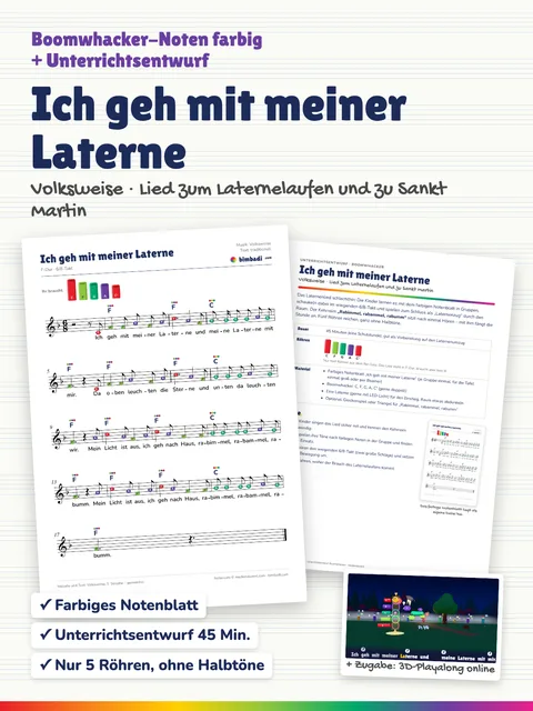 Deckblatt „Ich geh mit meiner Laterne“ von Robert Koegler: farbiges Boomwhacker-Notenblatt, Unterrichtsentwurf und ein Bild aus dem 3D-Playalong.