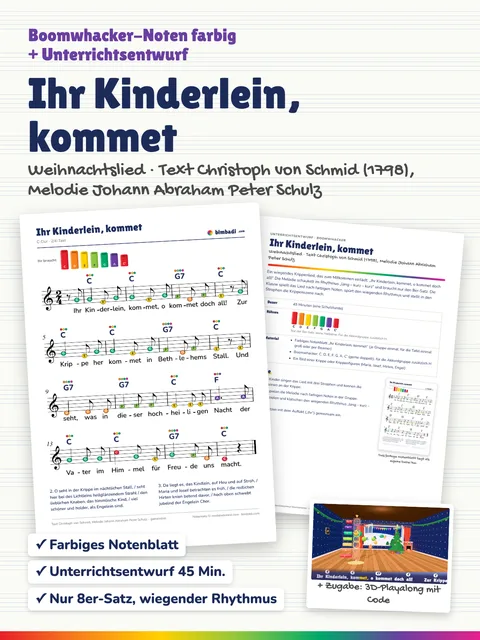 Deckblatt „Ihr Kinderlein, kommet“ von Robert Koegler: farbiges Boomwhacker-Notenblatt, Unterrichtsentwurf und ein Bild aus dem 3D-Playalong.