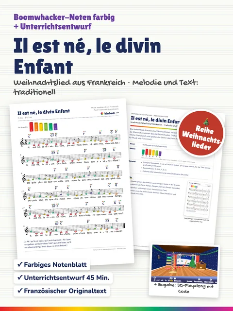 Deckblatt „Il est né, le divin Enfant“ von Robert Koegler: farbiges Boomwhacker-Notenblatt, Unterrichtsentwurf und ein Bild aus dem 3D-Playalong.
