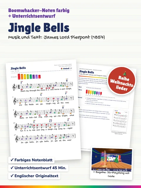 Deckblatt „Jingle Bells“ von Robert Koegler: farbiges Boomwhacker-Notenblatt, Unterrichtsentwurf und ein Bild aus dem 3D-Playalong.