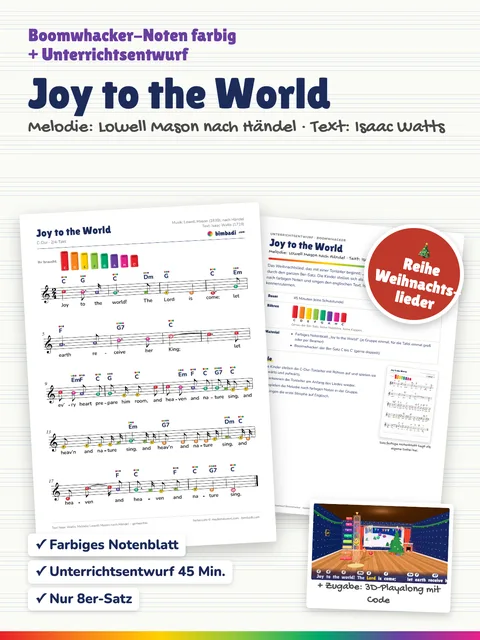 Deckblatt „Joy to the World“ von Robert Koegler: farbiges Boomwhacker-Notenblatt, Unterrichtsentwurf und ein Bild aus dem 3D-Playalong.