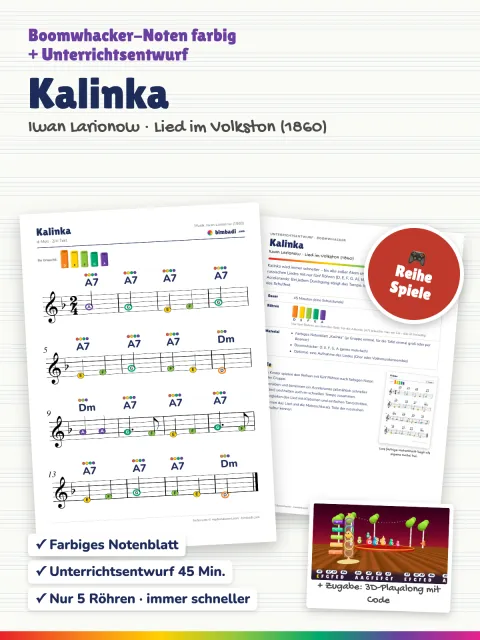 Deckblatt „Kalinka“ von Robert Koegler: farbiges Boomwhacker-Notenblatt, Unterrichtsentwurf und ein Bild aus dem 3D-Playalong.