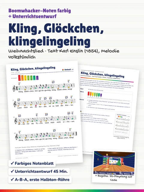 Deckblatt „Kling, Glöckchen, klingelingeling“ von Robert Koegler: farbiges Boomwhacker-Notenblatt, Unterrichtsentwurf und ein Bild aus dem 3D-Playalong.