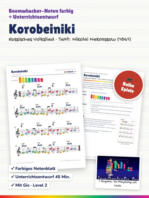 Deckblatt „Korobeiniki“ von Robert Koegler: farbiges Boomwhacker-Notenblatt, Unterrichtsentwurf und ein Bild aus dem 3D-Playalong.