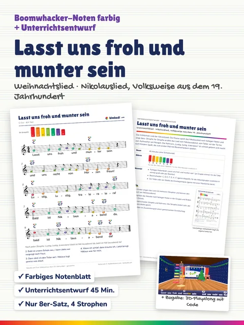 Deckblatt „Lasst uns froh und munter sein“ von Robert Koegler: farbiges Boomwhacker-Notenblatt, Unterrichtsentwurf und ein Bild aus dem 3D-Playalong.