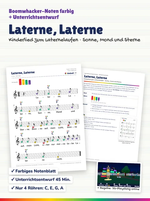 Deckblatt „Laterne, Laterne“ von Robert Koegler: farbiges Boomwhacker-Notenblatt, Unterrichtsentwurf und ein Bild aus dem 3D-Playalong.