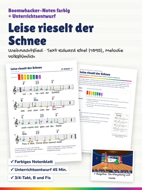 Deckblatt „Leise rieselt der Schnee“ von Robert Koegler: farbiges Boomwhacker-Notenblatt, Unterrichtsentwurf und ein Bild aus dem 3D-Playalong.