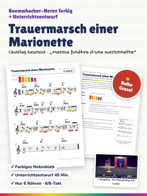 Deckblatt „Trauermarsch einer Marionette“ von Robert Koegler: farbiges Boomwhacker-Notenblatt, Unterrichtsentwurf und ein Bild aus dem 3D-Playalong.