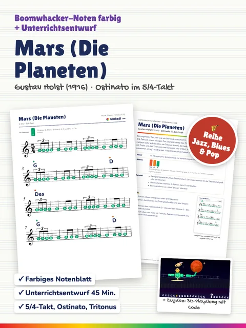 Deckblatt „Mars aus „Die Planeten““ von Robert Koegler: farbiges Boomwhacker-Notenblatt, Unterrichtsentwurf und ein Bild aus dem 3D-Playalong.
