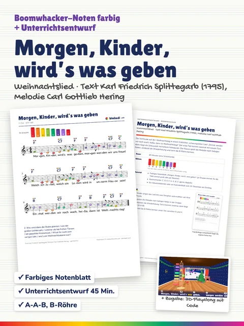 Deckblatt „Morgen, Kinder, wird’s was geben“ von Robert Koegler: farbiges Boomwhacker-Notenblatt, Unterrichtsentwurf und ein Bild aus dem 3D-Playalong.