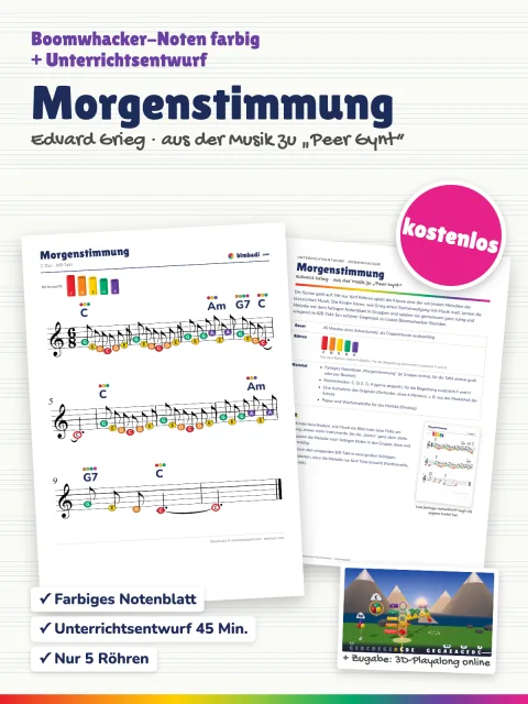 Deckblatt „Morgenstimmung“ von Robert Koegler: farbiges Boomwhacker-Notenblatt und Unterrichtsentwurf als Karten, dazu der Sticker „kostenlos“.