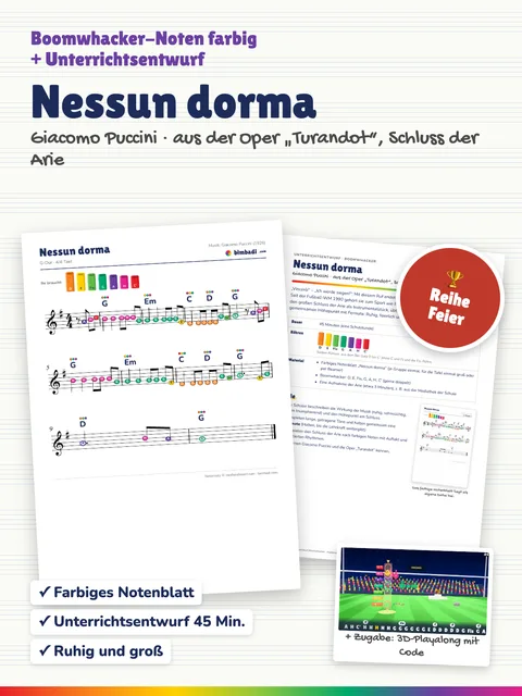 Deckblatt „Nessun dorma“ von Robert Koegler: farbiges Boomwhacker-Notenblatt, Unterrichtsentwurf und ein Bild aus dem 3D-Playalong.