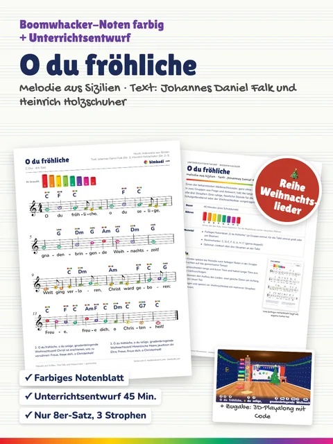 Deckblatt „O du fröhliche“ von Robert Koegler: farbiges Boomwhacker-Notenblatt, Unterrichtsentwurf und ein Bild aus dem 3D-Playalong.