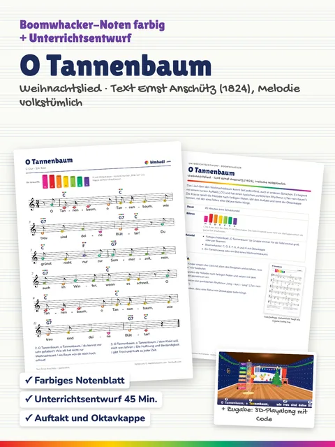 Deckblatt „O Tannenbaum“ von Robert Koegler: farbiges Boomwhacker-Notenblatt, Unterrichtsentwurf und ein Bild aus dem 3D-Playalong.