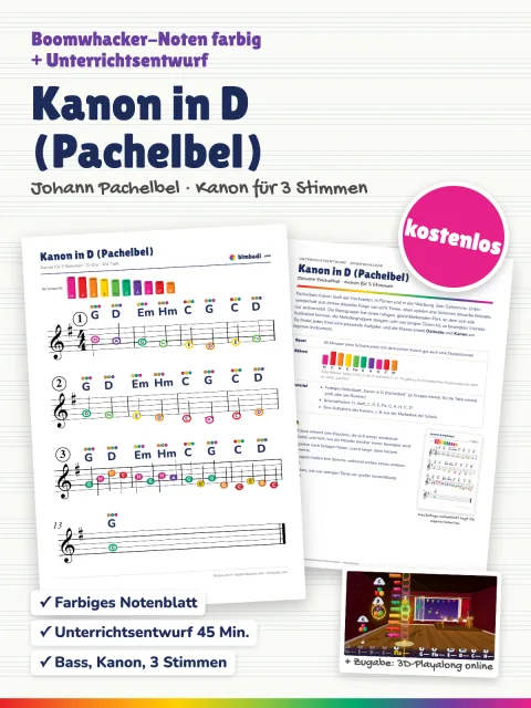 Deckblatt „Kanon in D“ von Robert Koegler: farbiges Boomwhacker-Notenblatt und Unterrichtsentwurf als Karten, dazu der Sticker „kostenlos“.