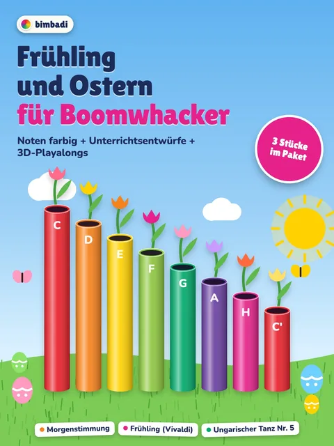 Deckblatt des Pakets „Frühling“ von Robert Koegler: farbige Boomwhacker-Noten, Unterrichtsentwürfe und Bilder aus den 3D-Playalongs.