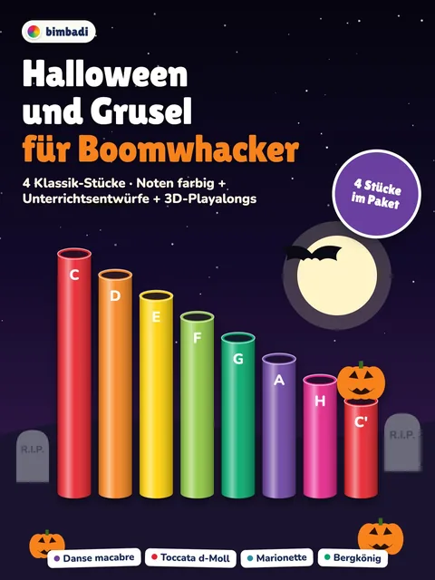 Deckblatt des Pakets „Halloween und Grusel“ von Robert Koegler: farbige Boomwhacker-Noten, Unterrichtsentwürfe und Bilder aus den 3D-Playalongs.