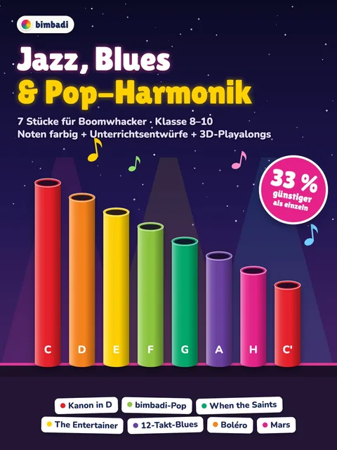 Deckblatt des Pakets „Jazz, Blues und Pop-Harmonik“ von Robert Koegler: farbige Boomwhacker-Noten, Unterrichtsentwürfe und Bilder aus den 3D-Playalongs.