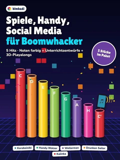 Deckblatt des Pakets „Spiele, Handy, Social Media“ von Robert Koegler: farbige Boomwhacker-Noten, Unterrichtsentwürfe und Bilder aus den 3D-Playalongs.