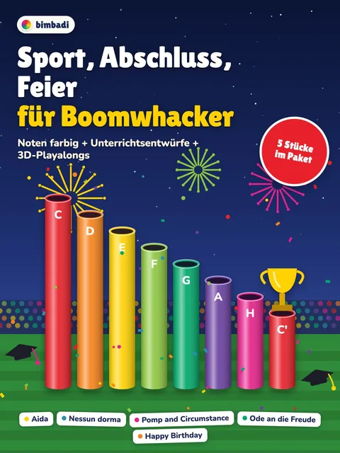 Deckblatt des Pakets „Sport, Abschluss, Feier“ von Robert Koegler: farbige Boomwhacker-Noten, Unterrichtsentwürfe und Bilder aus den 3D-Playalongs.