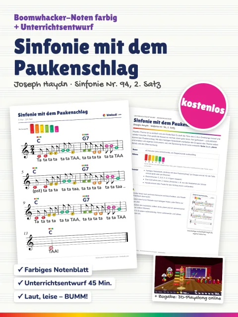 Deckblatt „Sinfonie mit dem Paukenschlag“ von Robert Koegler: farbiges Boomwhacker-Notenblatt und Unterrichtsentwurf als Karten, dazu der Sticker „kostenlos“.