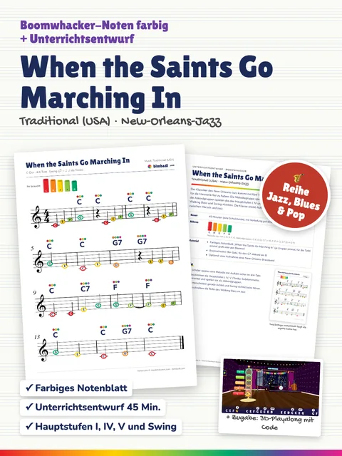 Deckblatt „When the Saints Go Marching In“ von Robert Koegler: farbiges Boomwhacker-Notenblatt, Unterrichtsentwurf und ein Bild aus dem 3D-Playalong.